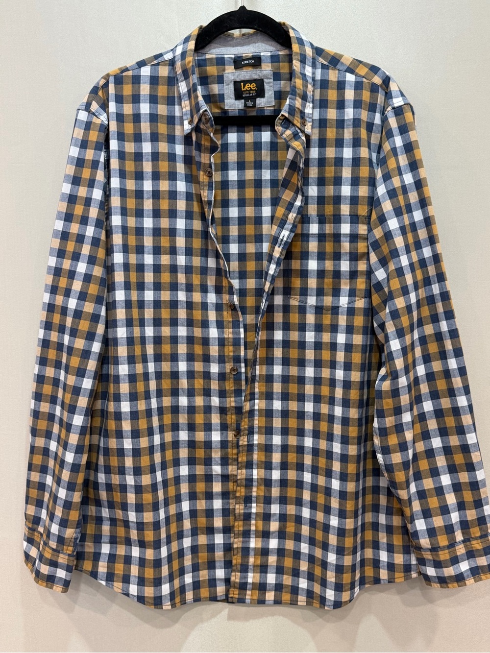 Lee Men's Navy and Mustard Check Button-Up Shirt